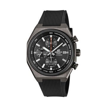 卡西欧Edifice EFSS660PB-1A计时码表,配有灰色离子电镀表壳、黑色树脂表带、黑色纹理表盘、红色中央秒针、三个小表盘以及测速刻度。