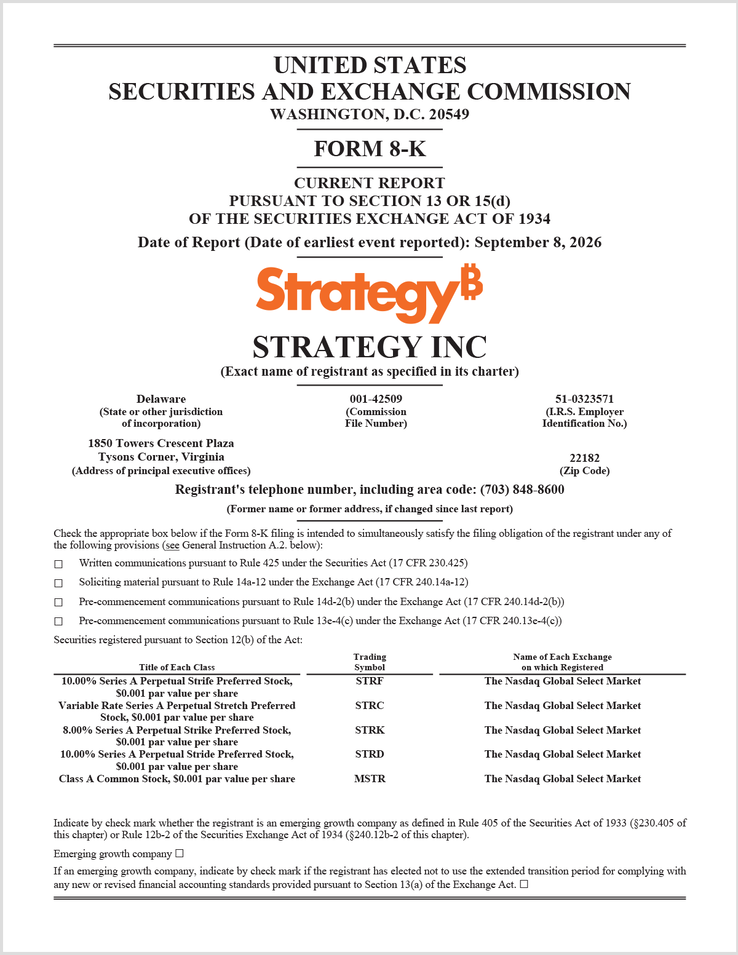 Strategy公司向美国证券交易委员会提交的8-K表格 • 2026年9月8日