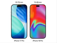 iPhone 17 Pro 与传闻中的 iPhone 18 Pro 的动态岛。
