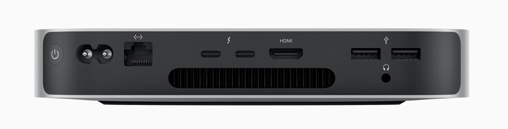 背面：电源按钮、电源线、以太网 2x USB-C 4.0 和 Thunderbolt 4（40 GBit/s，DisplayPort-ALT 模式）、HDMI 2.0、2x USB-A 3.2 Gen.1（5 GBit/s）、3.5 mm 音频（图片：Apple ）。