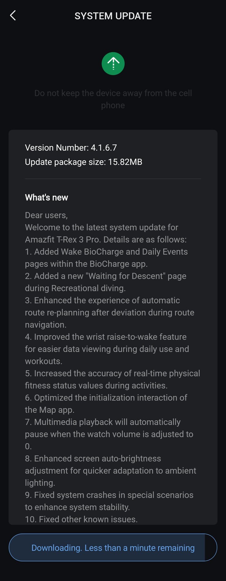 Amazfit T-Rex 3 Pro 4.1.6.7 版软件的发布说明。(图片来源：Reddit）