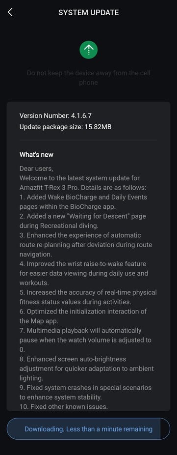 Amazfit T-Rex 3 Pro 4.1.6.7 版软件的发布说明。(图片来源：Reddit）