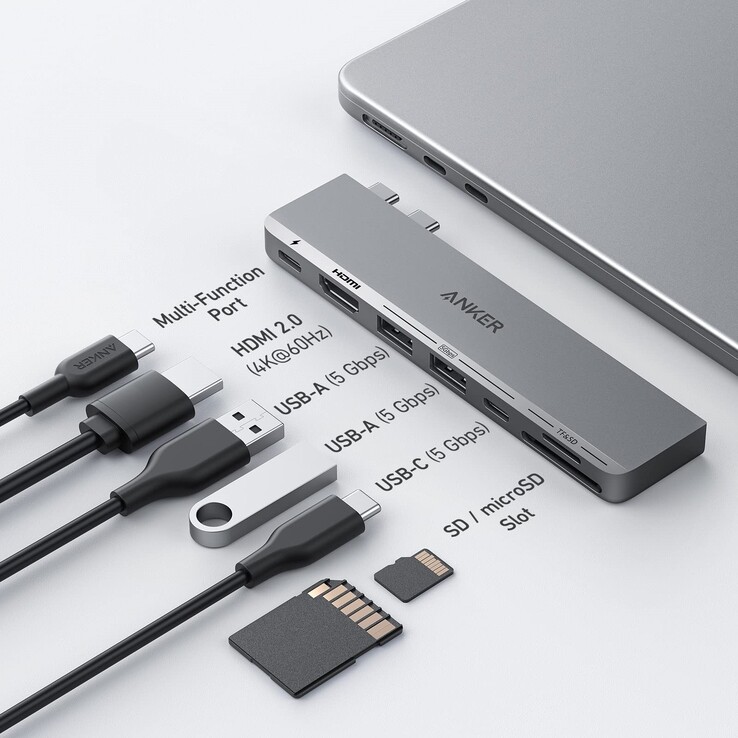最新的Anker 547 USB-C Hub（7合2，适用于MacBook，灰色）。(图片来源：Anker)