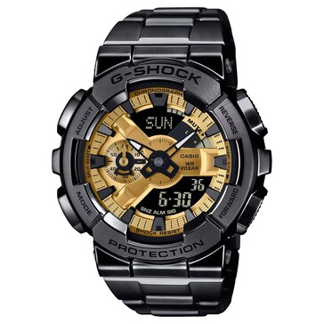 G-Shock GM-110BD-1A9 采用金色表盘，配以全黑色离子镀不锈钢表圈。