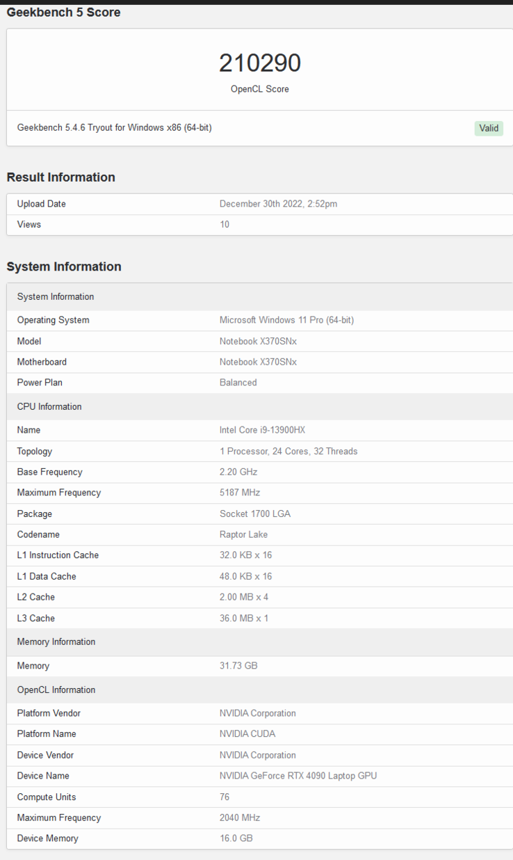 Geekbench上的NvidiaGeForce RTX 4090笔记本电脑（图片来自Geekbench）