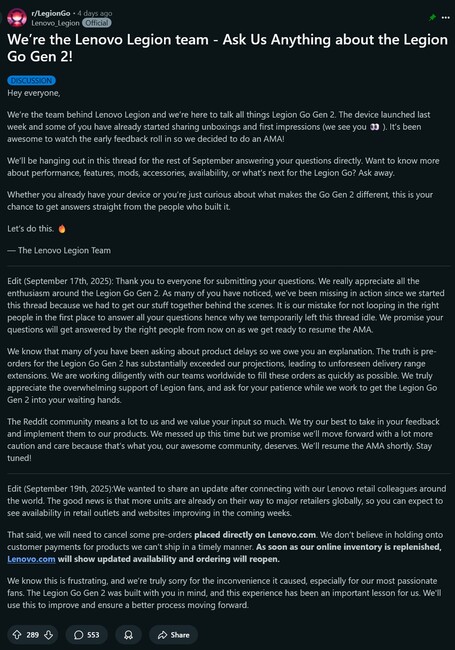 联想Legion Go 2 预购更新（图片来源：截图，联想Legion Go subreddit）