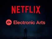 图为带有 Electronic Arts 徽标的 Netflix 横幅（图片来源：Netflix、Electronic Arts，有编辑）