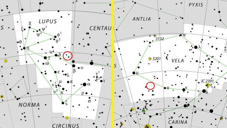 新星 V462 Lupi 和 V572 Velorum 在露波斯座和维拉座的位置。(图片来源：IAU/Wikimedia - Live Science）