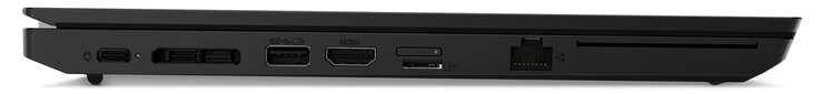 左侧：1个USB-C 3.2 Gen1（电源接口），1个Thunderbolt 4，扩展接口，1个USB-A 3.2 Gen1，HDMI，microSD读卡器，GigabitLAN，智能卡阅读器