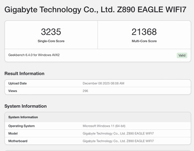 Core Ultra 7 270K Plus 的 Geekbench 6 列表。(图片来源：Geekbench）