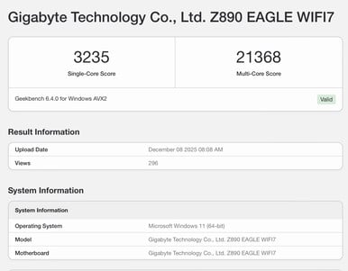 Core Ultra 7 270K Plus 的 Geekbench 6 列表。(图片来源:Geekbench)