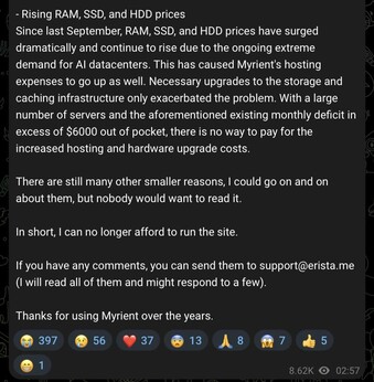 Myrient 公司将于下月关闭，理由是基础设施成本上升。