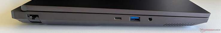 左：以太网（2.5 GBit/s）、USB-C 3.2 Gen 2（10 GBit/s、DisplayPort 1.4a、100 瓦功率传输）、USB-A 3.2 Gen 1（5 GBit/s）、3.5 毫米音频