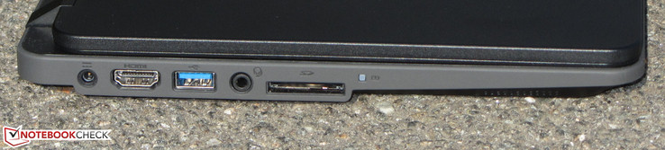 Left: power-in, HDMI, USB 3.0, combo audio, memory-card reader (SD)