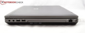 Right: Headphone output, microphone input, 2x USB 3.0, DVD drive, LAN, Kensington Lock.