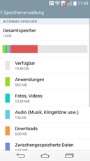 剩余的可用空间为10.49 GB (在我们测试的LG G3容量最小的版本16GB之中) 。