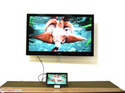 The tablet's content is displayed in 1366x768 pixels on the external device when mirrored.