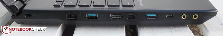 Left side: Kensington Lock, RJ45-LAN, USB 3.0, HDMI, DisplayPort, USB 3.0, USB 3.0 Type-C, microphone, headphones