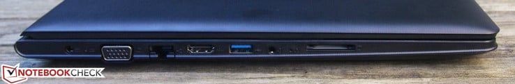 Left: DC-In, VGA, Ethernet, HDMI, USB 3.0, 3.5 mm jack, SD-card reader