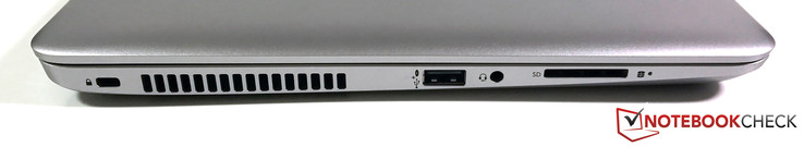 Left side: slot for a security lock, fan exhaust, USB 2.0 (powered), headset, SD reader