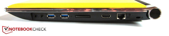 Right: Microphone, Headphones, 2xUSB 3.0, card reader, HDMI, RJ-45, Kensington Lock