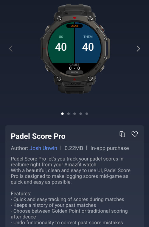 用于 Amazfit 智能手表的 Padel Score Pro Mini 应用程序