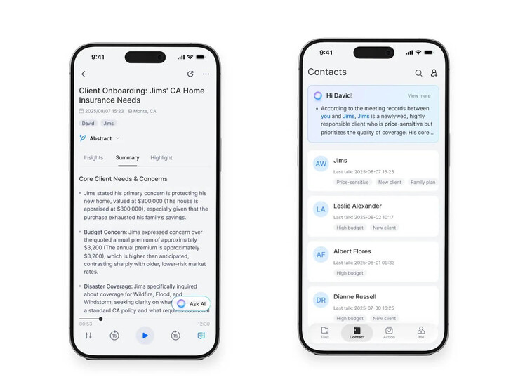 左侧是典型的摘要。可将具名个人添加到联系人列表中。