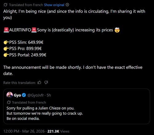 X 上的机器翻译 PS5 涨价传言