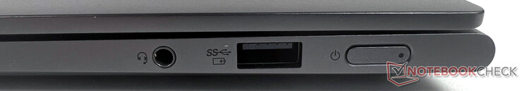 右边：1个USB 3.2 Gen-1（5GBit/s，供电），1个3.5毫米插孔（麦克风输入/音频输出合并）。