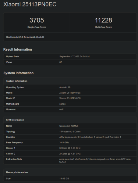 全新骁龙 8 精英版 5 代 Geekbench 跑分（图片来源：Geekbench）