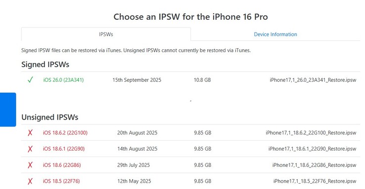 截至 9 月 23 日，iOS 26.0 是 iPhone 16 系列和其他 iOS 26 设备唯一可用的 iOS 签名版本。(图片来源：IPSW）