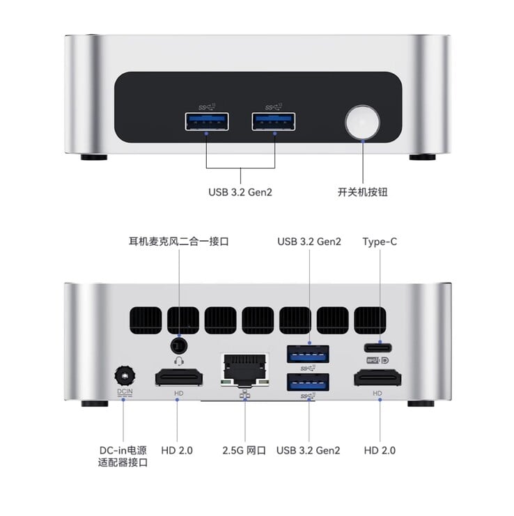 Peladn WO5 迷你电脑配备了丰富的接口,包括 2.5G 以太网接口。