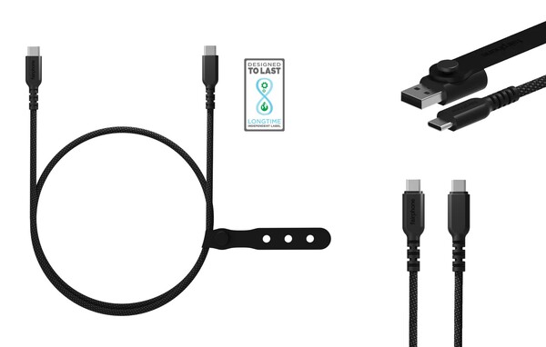 Fairphone USB-C 线缆采用编织结构，并配有 USB-A 适配器。(图片来源：Fairphone）