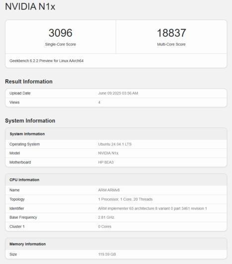 Nvidia N1X Geekbench 列表（图片来源：Geekbench）