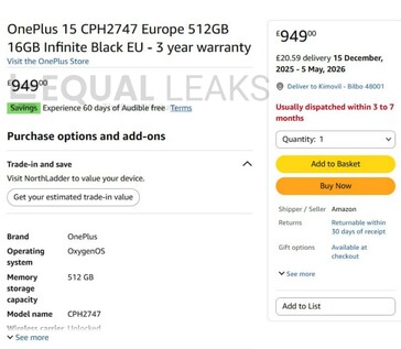 OnePlus 15 在英国亚马逊的上市信息（图片来源：Equal Leaks）