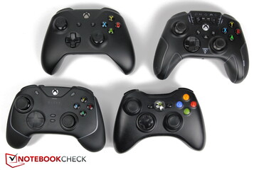 从左上角顺时针方向看。微软Xbox One控制器，Turtle Beach Recon控制器，Razer Wolverine V2 Chroma，微软Xbox 360控制器