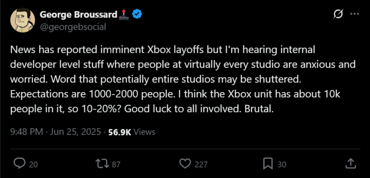 乔治-布鲁萨德 Xbox 裁员传闻（图片来源：截图，乔治-布鲁萨德 X 账户）