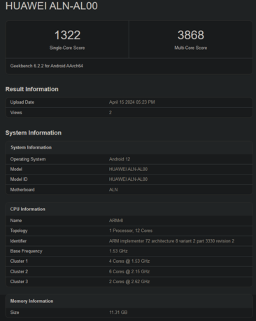 海思麒麟 9000s Geekbench 跑分（图片来自 Geekbench）