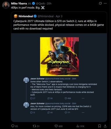 Mike Ybarra Switch 2 批评 X 帖子 #2（图片来源：截图，Mike Ybarra X 账户）