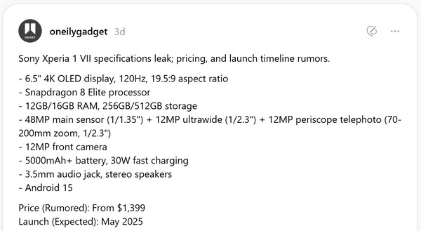 假设的索尼 Xperia 1 VII 规格。(图片来源：oneilygadget）