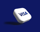 蓝色背景下的 Visa 徽标。
