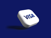 蓝色背景下的 Visa 徽标。