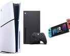 从左至右PS5 Slim、Xbox Series X、任天堂 Switch。(图片来源：亚马逊，经编辑）