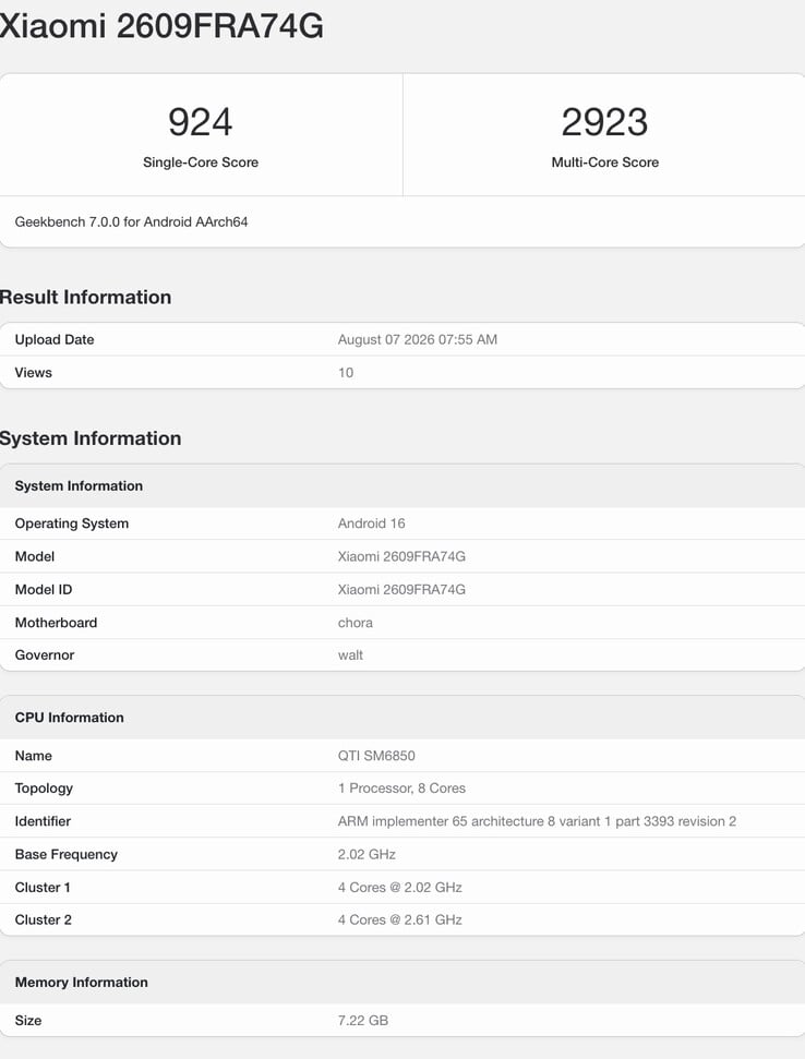 Redmi Note 17 Pro Max 现身 Geekbench 7。