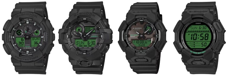 从左至右：卡西欧 G-Shock GA100BEG-1A、GA700BEG-1A、GAB010BEG-1A 和 GD010BEG-1 手表