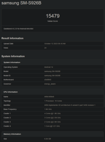 Exynos 2400 Vuklan 基准测试（图片来自 Geekbench）