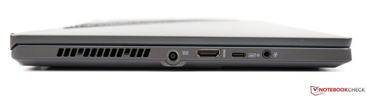 右边。电源，HDMI 2.0b，USB-C 3.2 Gen. 2（带DP、PD和G-Sync），组合式3.5毫米音频插孔
