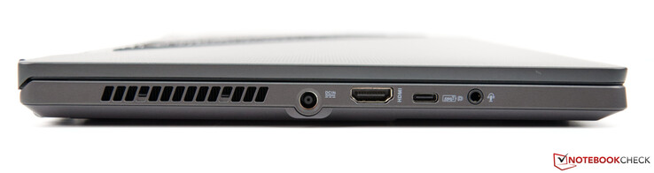 右边。电源，HDMI 2.0b，USB-C 3.2 Gen. 2（带DP、PD和G-Sync），组合式3.5毫米音频插孔