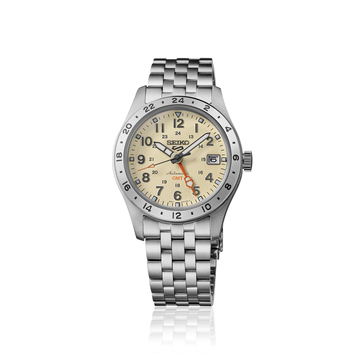 Front view of the Seiko 5 Sports Field GMT HDB002 featuring a cream dial