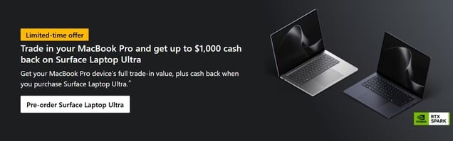 Microsoft 推出面向 MacBook Pro 用户的 1,000 美元现金返还优惠,将矛头指向 Apple。
